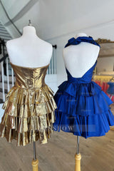 Misshow A Line Light Blue Halter Short Homecoming Dress/Mini Dress With Ruffles