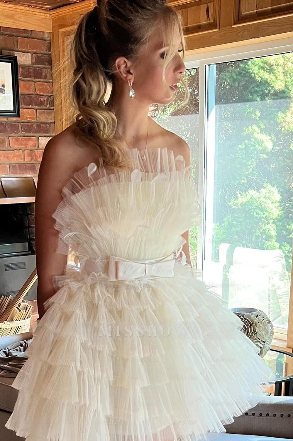 Misshow A-Line Light Blue Strapless Tiered Tulle Short Homecoming Dress/Mini Dress