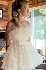 Misshow A-Line Light Blue Strapless Tiered Tulle Short Homecoming Dress/Mini Dress