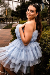 Misshow A-Line Light Blue Strapless Tiered Tulle Short Homecoming Dress/Mini Dress