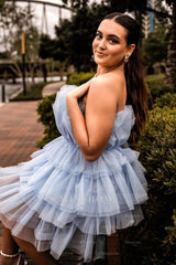 Misshow A-Line Light Blue Strapless Tiered Tulle Short Homecoming Dress/Mini Dress