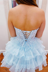 Misshow A-Line Light Blue Sweetheart Corset Short Homecoming Dress/Mini Dress with Ruffles