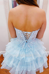 Misshow A-Line Light Blue Sweetheart Corset Short Homecoming Dress/Mini Dress with Ruffles