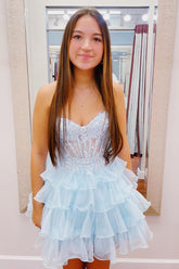 Misshow A-Line Light Blue Sweetheart Corset Short Homecoming Dress/Mini Dress with Ruffles
