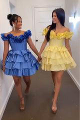 Misshow A -Line Off The Shoulder Golden Corset Short Homecoming Dress/Mini Dress with Ruffles
