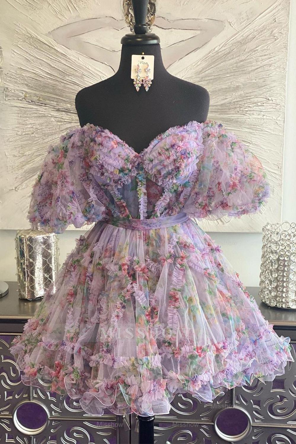 Misshow A-Line Off The Shoulder Pink Corset Floral Short Homecoming Dress/Mini Dress