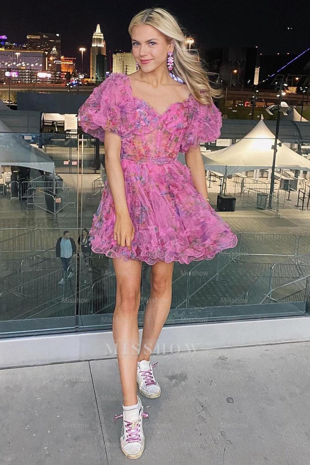 Misshow A-Line Off The Shoulder Pink Corset Floral Short Homecoming Dress/Mini Dress