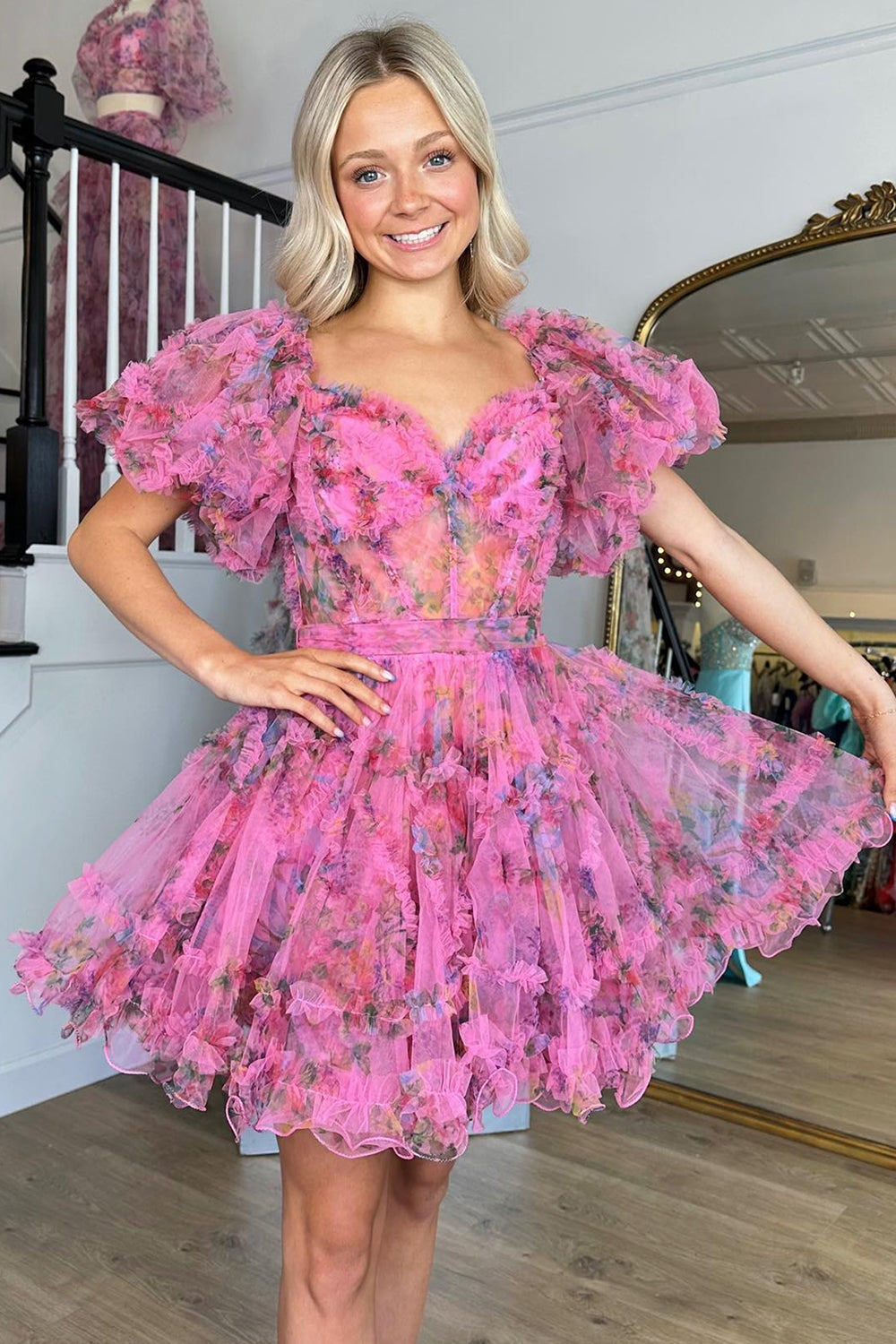 Misshow A-Line Off The Shoulder Pink Corset Floral Short Homecoming Dress/Mini Dress