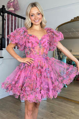 Misshow A-Line Off The Shoulder Pink Corset Floral Short Homecoming Dress/Mini Dress