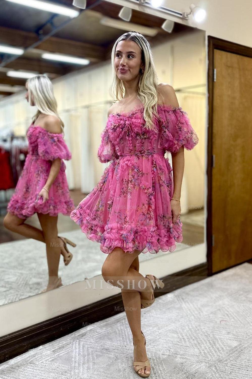 Misshow A-Line Off The Shoulder Pink Corset Floral Short Homecoming Dress/Mini Dress