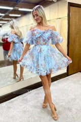 Misshow A-Line Off The Shoulder Pink Corset Floral Short Homecoming Dress/Mini Dress