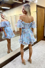 Misshow A-Line Off The Shoulder Pink Corset Floral Short Homecoming Dress/Mini Dress