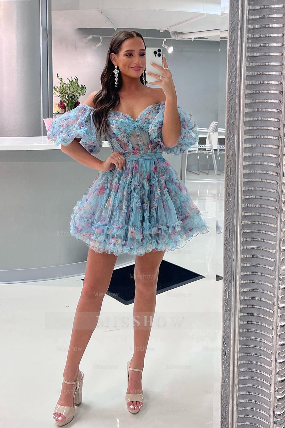 Misshow A-Line Off The Shoulder Pink Corset Floral Short Homecoming Dress/Mini Dress