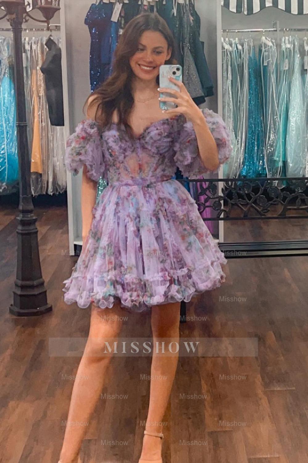Misshow A-Line Off The Shoulder Pink Corset Floral Short Homecoming Dress/Mini Dress