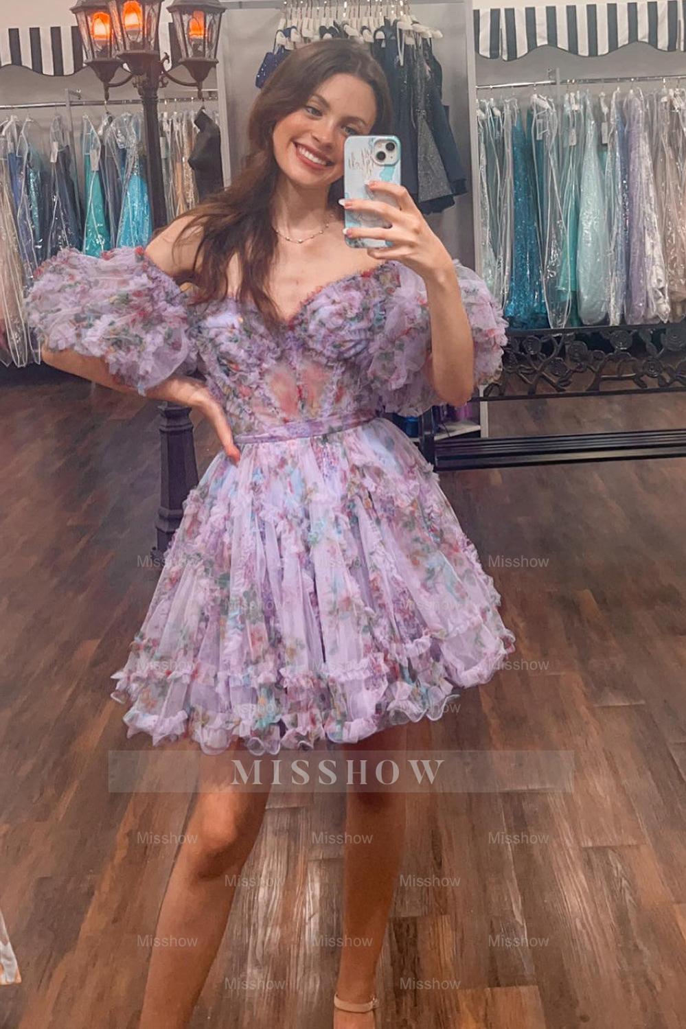 Misshow A-Line Off The Shoulder Pink Corset Floral Short Homecoming Dress/Mini Dress