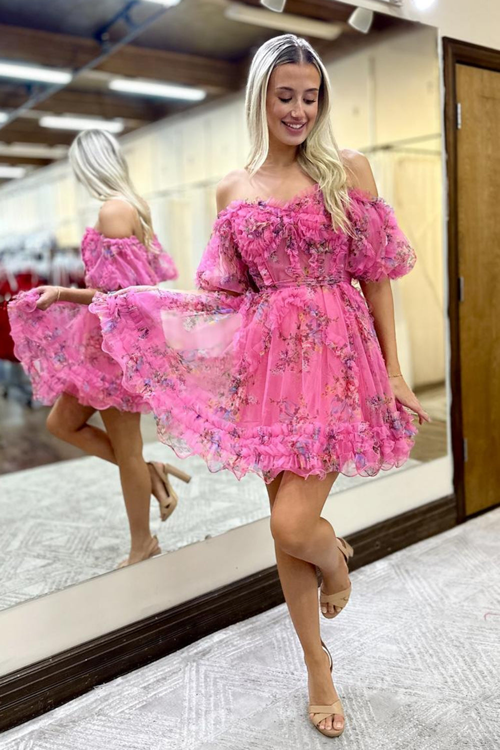 Misshow A-Line Off The Shoulder Pink Corset Floral Short Homecoming Dress/Mini Dress