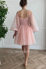 Misshow A Line Off the Shoulder Blush Short Homecoming Dress/Mini Dress with Long Sleeves