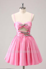 Misshow A Line Pink Spaghetti Straps Tiered Short Homecoming Dress/Mini Dress with Bow