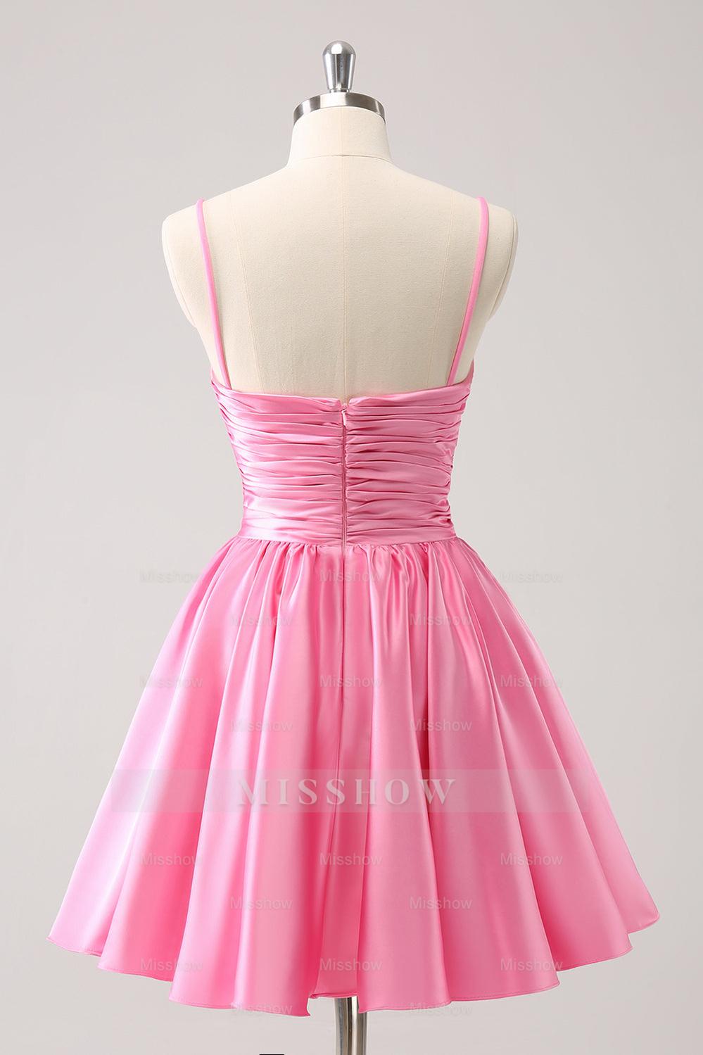 Misshow A Line Pink Spaghetti Straps Tiered Short Homecoming Dress/Mini Dress with Bow
