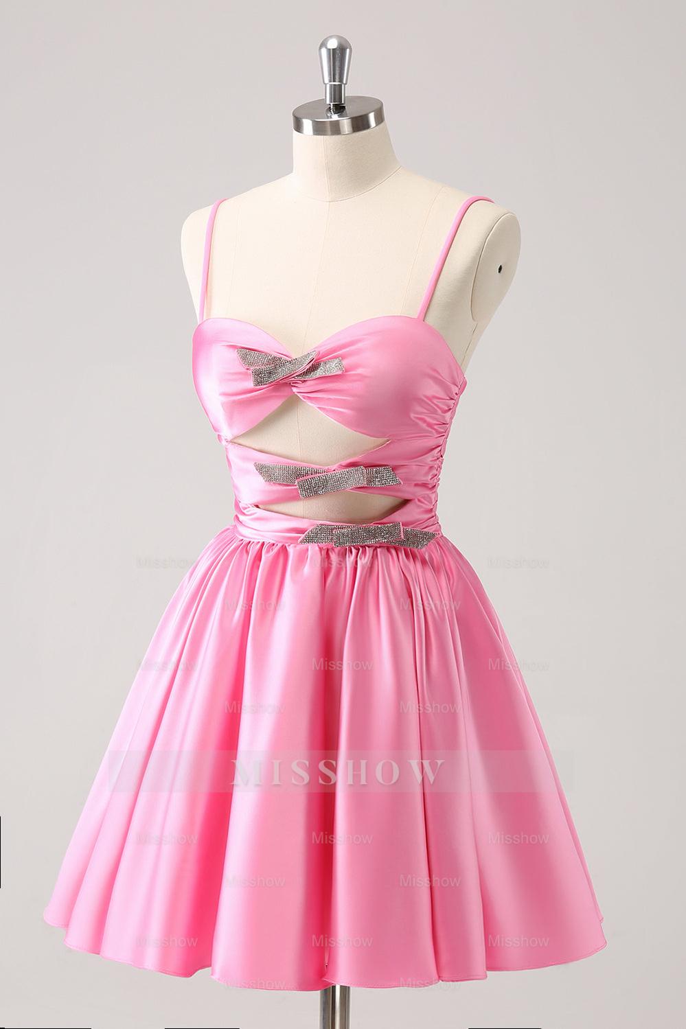Misshow A Line Pink Spaghetti Straps Tiered Short Homecoming Dress/Mini Dress with Bow