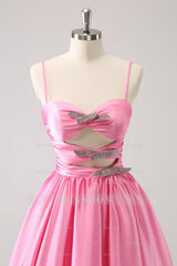 Misshow A Line Pink Spaghetti Straps Tiered Short Homecoming Dress/Mini Dress with Bow