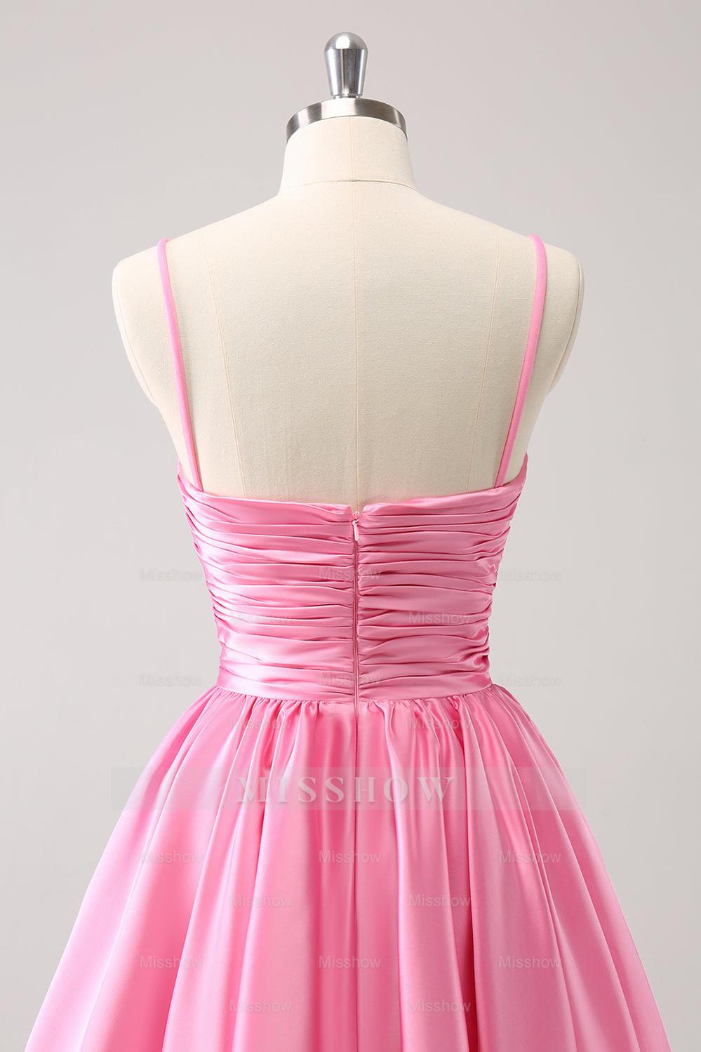 Misshow A Line Pink Spaghetti Straps Tiered Short Homecoming Dress/Mini Dress with Bow