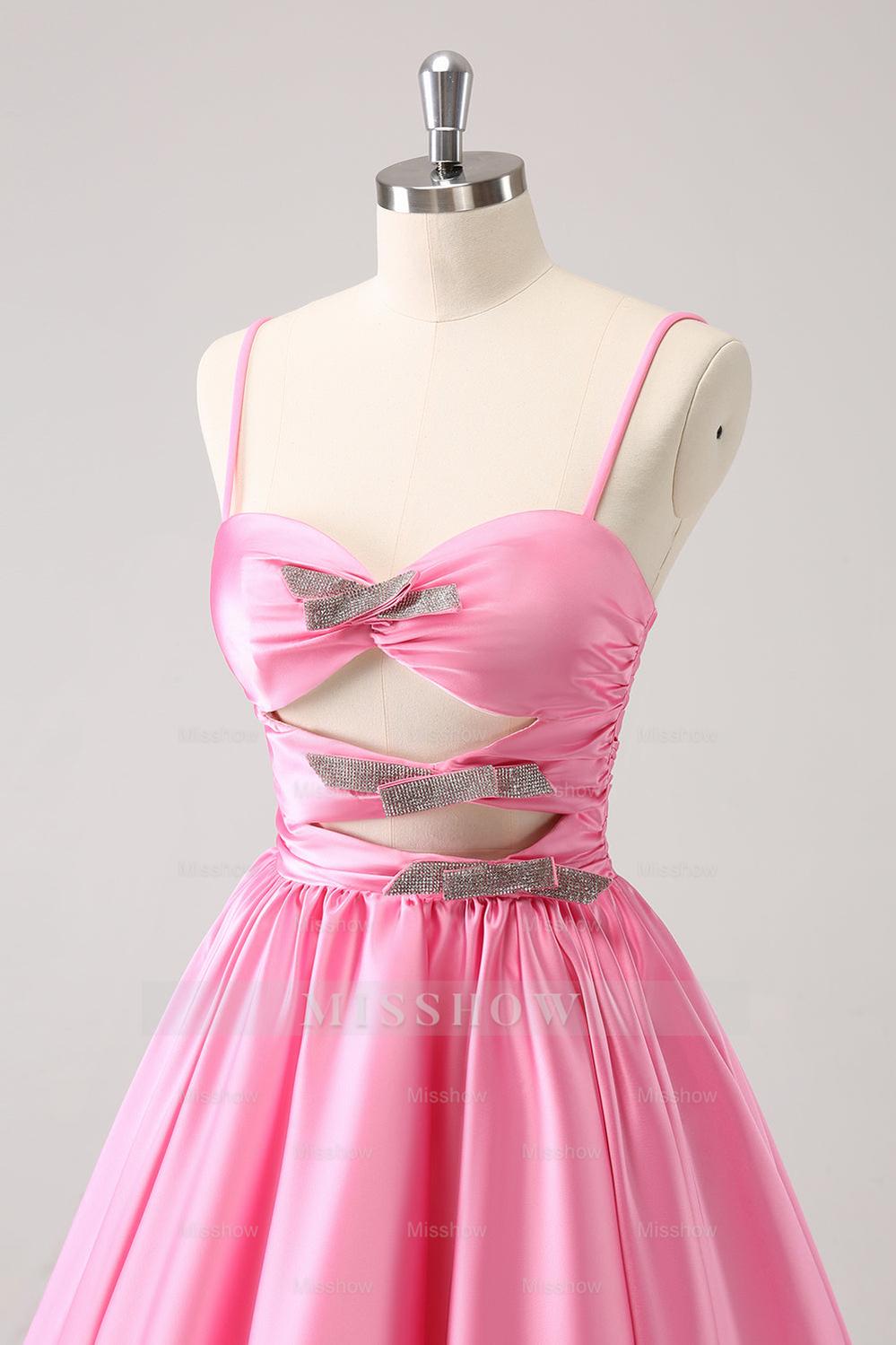 Misshow A Line Pink Spaghetti Straps Tiered Short Homecoming Dress/Mini Dress with Bow