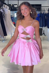 Misshow A Line Pink Spaghetti Straps Tiered Short Homecoming Dress/Mini Dress with Bow