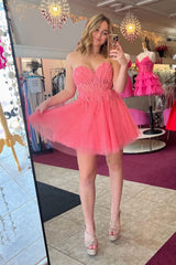 Misshow A-Line Pink Sweetheart Corset Tulle Short Homecoming Dress/Mini Dress with Appliques