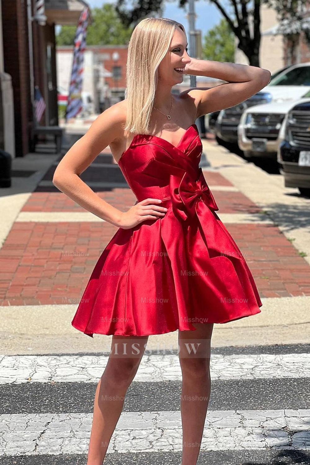 Misshow A-Line Red Sweetheart Satin Short Homecoming Dress/Mini Dress with Bow