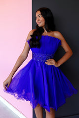 Misshow A-Line Royal Blue Strapless Tulle Short Homecoming Dress/Mini Dress with Sequins