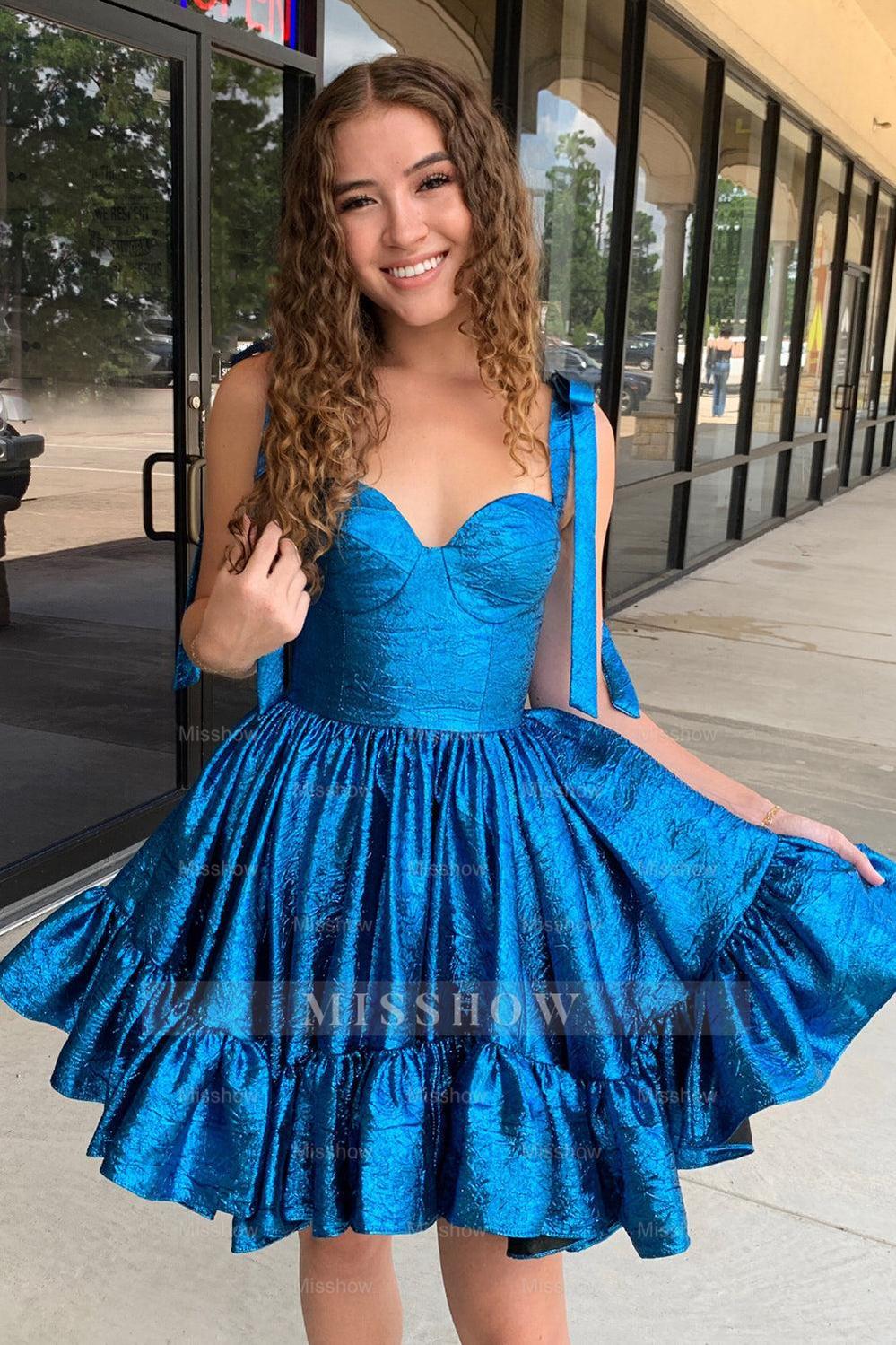Misshow A Line Spaghetti Straps Blue Tiered Short Homecoming Dress/Mini Dress with Bows