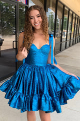 Misshow A Line Spaghetti Straps Blue Tiered Short Homecoming Dress/Mini Dress with Bows