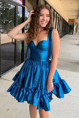 Misshow A Line Spaghetti Straps Blue Tiered Short Homecoming Dress/Mini Dress with Bows