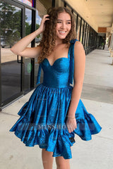 Misshow A Line Spaghetti Straps Blue Tiered Short Homecoming Dress/Mini Dress with Bows