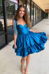 Misshow A Line Spaghetti Straps Blue Tiered Short Homecoming Dress/Mini Dress with Bows
