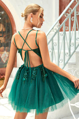 Misshow A Line Spaghetti Straps Dark Green Short Homecoming Dress/Mini Dress with Appliques Beading