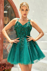 Misshow A Line Spaghetti Straps Dark Green Short Homecoming Dress/Mini Dress with Appliques Beading