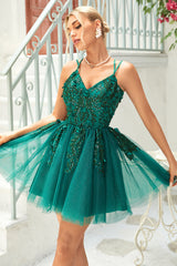 Misshow A Line Spaghetti Straps Dark Green Short Homecoming Dress/Mini Dress with Appliques Beading