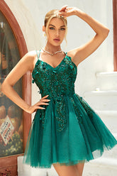 Misshow A Line Spaghetti Straps Dark Green Short Homecoming Dress/Mini Dress with Appliques Beading