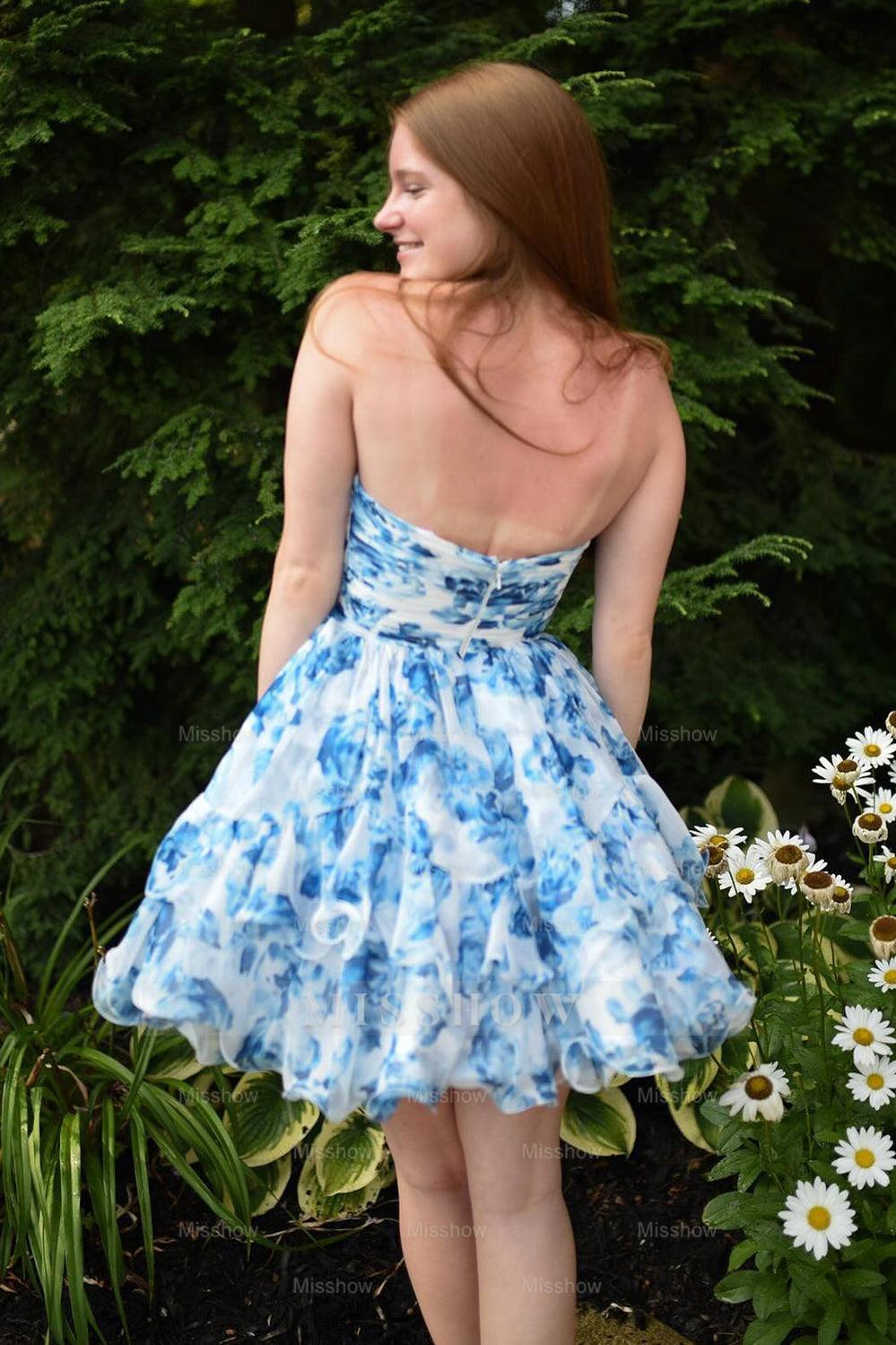 Misshow A Line Sweetheart Blue Printed Flroal Homecoming Dress/Mini Dress with Ruffles