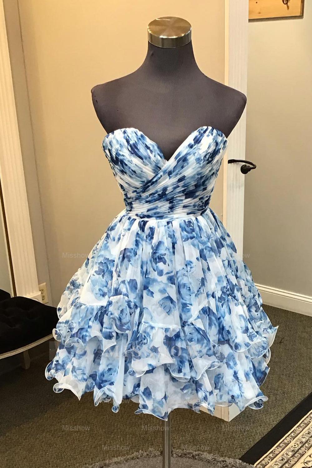 Misshow A Line Sweetheart Blue Printed Flroal Homecoming Dress/Mini Dress with Ruffles