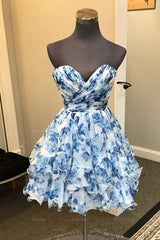 Misshow A Line Sweetheart Blue Printed Flroal Homecoming Dress/Mini Dress with Ruffles