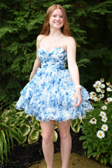 Misshow A Line Sweetheart Blue Printed Flroal Homecoming Dress/Mini Dress with Ruffles