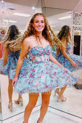 Misshow A-Line White Flower Sweetheart Corset Floral Homecoming Dress/Mini Dress with Ruffles