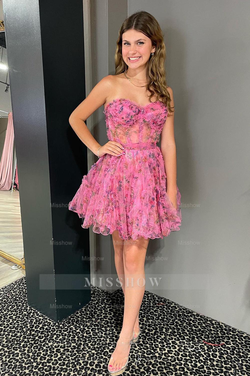 Misshow A-Line White Flower Sweetheart Corset Floral Homecoming Dress/Mini Dress with Ruffles