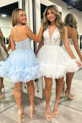 Misshow A-Line White Halter Tulle Short Homecoming Dress/Mini Dress with Appliques
