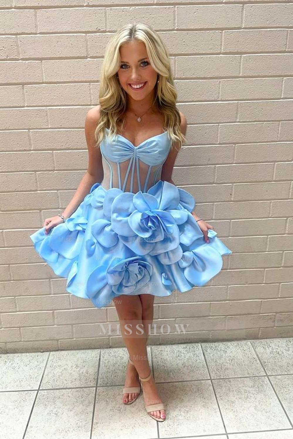 Misshow A Line Yellow Corset Short Homecoming Dress/Mini Dress With 3D Flowers