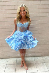 Misshow A Line Yellow Corset Short Homecoming Dress/Mini Dress With 3D Flowers