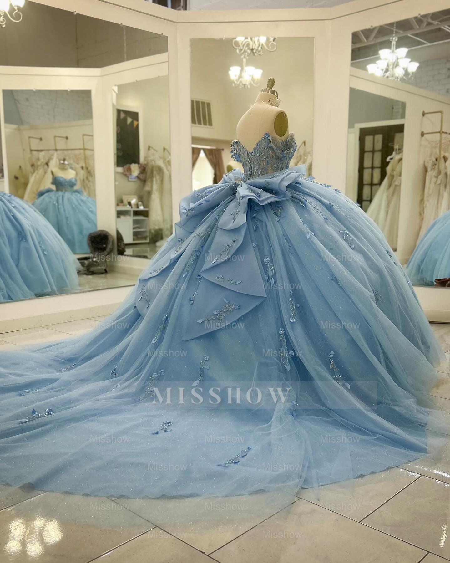 Misshow Baby Blue Ball Gown Off-Shoulder Beaded Tulle Quinceanera Dress with 3D Floral Appliques & Sparkly Tiered Skirt for Sweet 16 & Formal Events